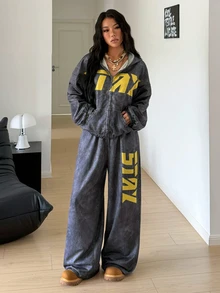 StreetHx Y2K High Street Style Stone Washed Grey Cropped Zip-Up Cardigan + Loose Wide Leg Pants Set, Yellow Letter Print Sporty 2 Pieces Set - Grey - View 4