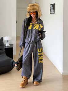 StreetHx Y2K High Street Style Stone Washed Grey Cropped Zip-Up Cardigan + Loose Wide Leg Pants Set, Yellow Letter Print Sporty 2 Pieces Set - Grey - View 6