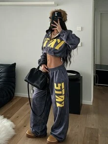StreetHx Y2K High Street Style Stone Washed Grey Cropped Zip-Up Cardigan + Loose Wide Leg Pants Set, Yellow Letter Print Sporty 2 Pieces Set - Grey - View 7