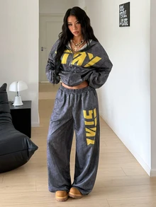 StreetHx Y2K High Street Style Stone Washed Grey Cropped Zip-Up Cardigan + Loose Wide Leg Pants Set, Yellow Letter Print Sporty 2 Pieces Set - Grey - View 3