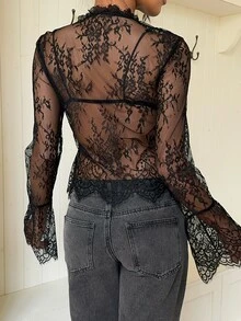 Siren Gaze Atasan Wanita Seksi Berenda Transparan untuk Kencan, Pergi Keluar, Klub Malam, Halloween, Motif Bunga Hitam, Musim Gugur - Aprikot - View 2