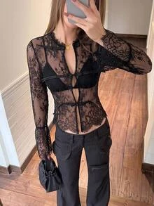 Siren Gaze Atasan Wanita Seksi Berenda Transparan untuk Kencan, Pergi Keluar, Klub Malam, Halloween, Motif Bunga Hitam, Musim Gugur - Aprikot - View 8