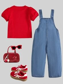 SHEIN Genkimix Kids 女童復古牛仔女郎西式休閒可愛韓風水洗藍牛仔吊帶褲，草莓刺繡3D口袋可調節肩帶連身褲夏季款 - 紅色 - 查看 3