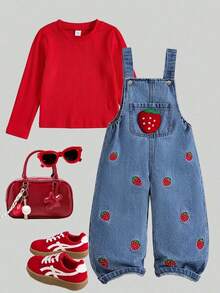 SHEIN Genkimix Kids 女童復古牛仔女郎西式休閒可愛韓風水洗藍牛仔吊帶褲，草莓刺繡3D口袋可調節肩帶連身褲夏季款 - 紅色 - 查看 4