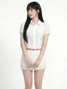 Sweetina 女款休閒學院風蕾絲飾邊襯衫與緊身裙2件套 - 白色 - 查看 8