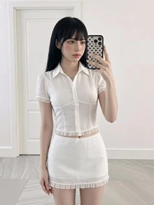 Sweetina 女款休閒學院風蕾絲飾邊襯衫與緊身裙2件套 - 白色 - 查看 7