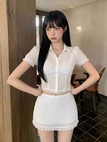 Sweetina 女款休閒學院風蕾絲飾邊襯衫與緊身裙2件套 - 白色 - 查看 9