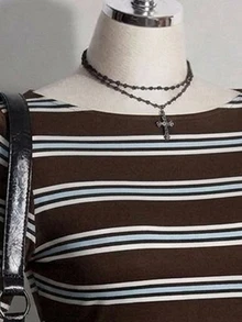 SHEIN ICON 大尺碼藍棕色系彩色條紋露背喇叭袖針織洋裝 寬袖條紋洋裝 圓領洋裝 秋季款 - 彩色 - 查看 6
