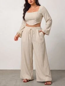 Enliva Setelan Dua Potong Lengan Lonceng Warna Beige Elegan untuk Wanita Ukuran Plus, Kain Bertekstur, Pakaian Kerja Wanita Musim Gugur - Aprikot - View 3