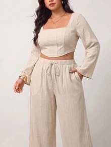 Enliva Setelan Dua Potong Lengan Lonceng Warna Beige Elegan untuk Wanita Ukuran Plus, Kain Bertekstur, Pakaian Kerja Wanita Musim Gugur - Aprikot - View 5
