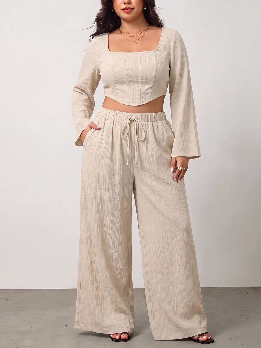 Enliva Plus-Size Women's Elegant Beige Bell-Sleeve Two Pieces Set, Textured Fabric Work Wear Women Fall - Apricot - View 1