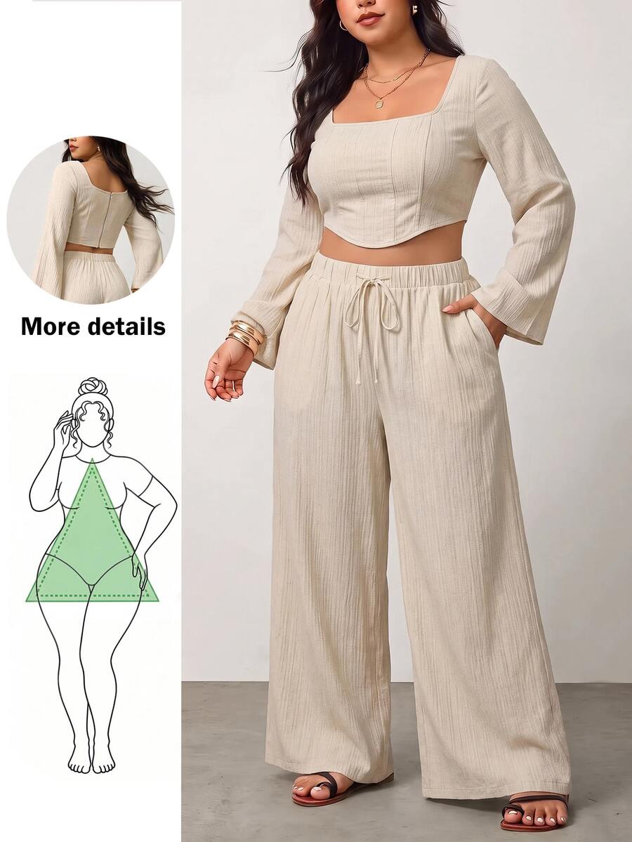 Enliva Setelan Dua Potong Lengan Lonceng Warna Beige Elegan untuk Wanita Ukuran Plus, Kain Bertekstur, Pakaian Kerja Wanita Musim Gugur - Aprikot - View 1