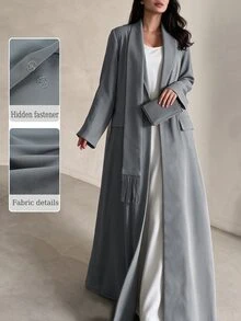 Yasveil Women's Gray Woven Single-Sided Asymmetrical Collar Patchwork Tassel Long Sleeve Romantic Elegant Abaya - Grey - View 1