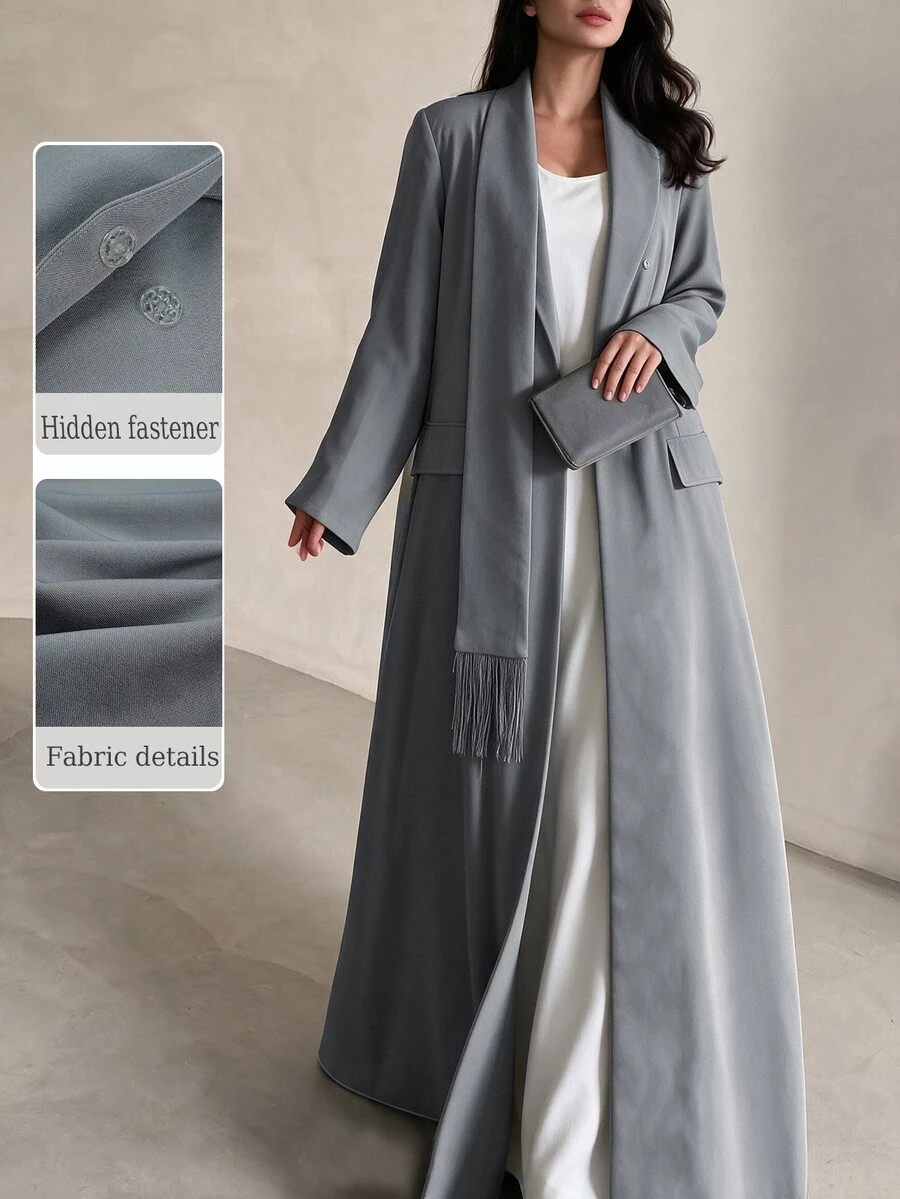 Yasveil Women's Gray Woven Single-Sided Asymmetrical Collar Patchwork Tassel Long Sleeve Romantic Elegant Abaya - Grey - View 1