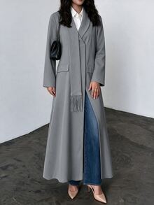Yasveil Women's Gray Woven Single-Sided Asymmetrical Collar Patchwork Tassel Long Sleeve Romantic Elegant Abaya - Grey - View 8