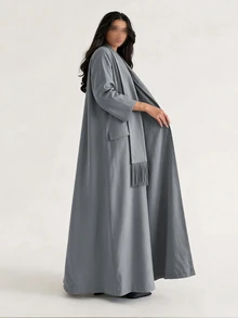 Yasveil Women's Gray Woven Single-Sided Asymmetrical Collar Patchwork Tassel Long Sleeve Romantic Elegant Abaya - Grey - View 4