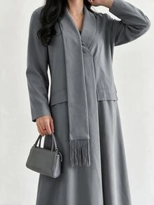 Yasveil Women's Gray Woven Single-Sided Asymmetrical Collar Patchwork Tassel Long Sleeve Romantic Elegant Abaya - Grey - View 5