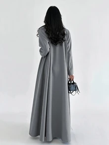 Yasveil Women's Gray Woven Single-Sided Asymmetrical Collar Patchwork Tassel Long Sleeve Romantic Elegant Abaya - Grey - View 2