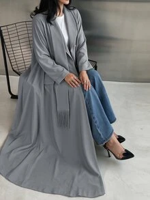 Yasveil Women's Gray Woven Single-Sided Asymmetrical Collar Patchwork Tassel Long Sleeve Romantic Elegant Abaya - Grey - View 7