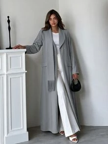 Yasveil Women's Gray Woven Single-Sided Asymmetrical Collar Patchwork Tassel Long Sleeve Romantic Elegant Abaya - Grey - View 9