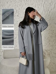 Yasveil Women's Gray Woven Single-Sided Asymmetrical Collar Patchwork Tassel Long Sleeve Romantic Elegant Abaya - Grey - View 3