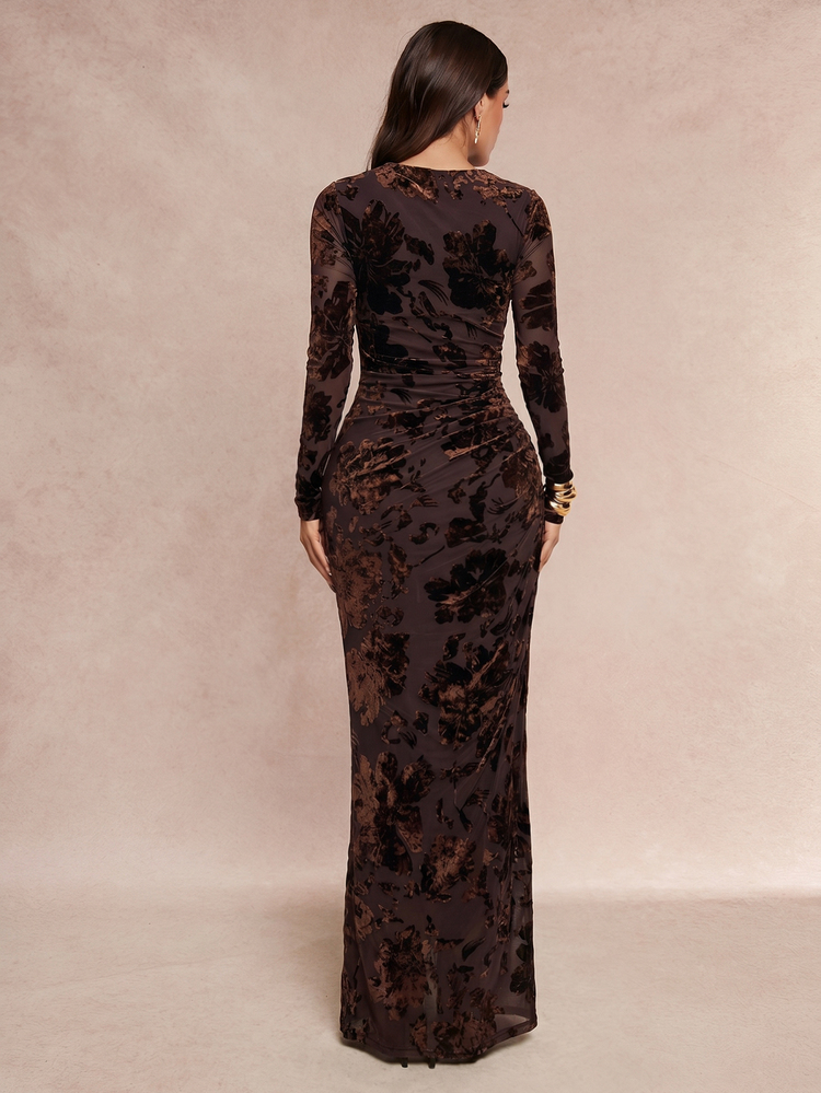 Silquee Women's Autumn/Winter Brown Floral Velvet Jacquard Ruched Slim-Fit Long-Sleeve Maxi Dress Elegant Sexy Casual Luxury Formal Festival Party Dinner - Khaki - View 3