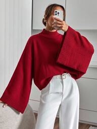 SHEIN Dames oversized gebreide poncho trui met vleermuismouwen en opstaande kraag - Bordeauxrood
