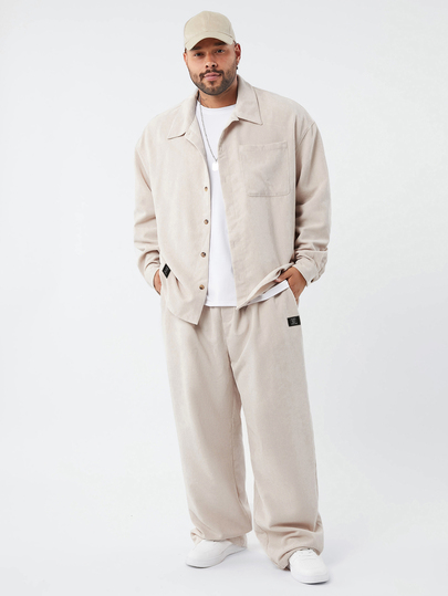 EASEVO Men's Plus Size Letter Print Long Sleeve Shirt And Drawstring Waist Pants Casual Set