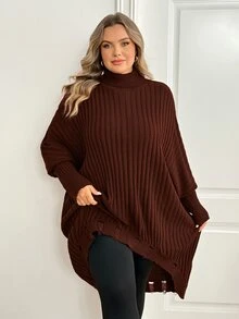 SHEIN CURVE+ كنزة نسائية مقاس كبير بلون موحد كاجوال متعددة الاستخدامات للارتداء اليومي بأكمام طويلة - قهوة بني - مشاهدة 4