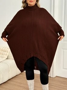 SHEIN CURVE+ كنزة نسائية مقاس كبير بلون موحد كاجوال متعددة الاستخدامات للارتداء اليومي بأكمام طويلة - قهوة بني - مشاهدة 7