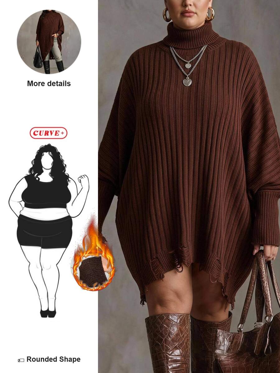 SHEIN CURVE+ كنزة نسائية مقاس كبير بلون موحد كاجوال متعددة الاستخدامات للارتداء اليومي بأكمام طويلة - قهوة بني - مشاهدة 1