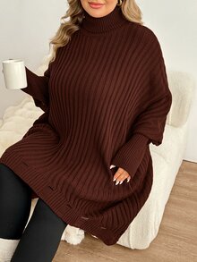 SHEIN CURVE+ كنزة نسائية مقاس كبير بلون موحد كاجوال متعددة الاستخدامات للارتداء اليومي بأكمام طويلة - قهوة بني - مشاهدة 6