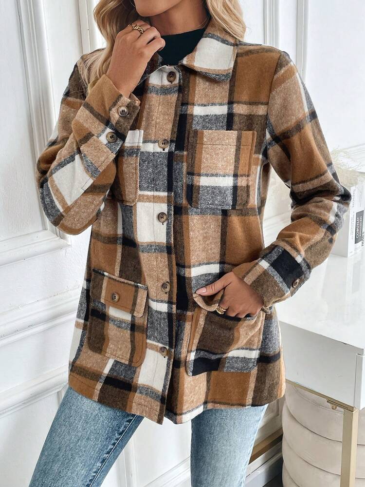 SHEIN LUNE Women's Jacquard Tweed Plaid Pocket Casual Daily Everyday Daytime Autumn/Winter Jacket Thanksgiving Brown Plaid - Multicolor - View 5