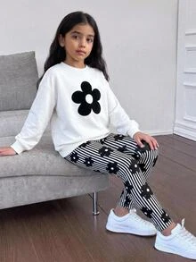 SHEIN Tween Girl Knitted Solid Color Floral Pattern Crew Neck Loose Casual Sweatshirt And Long Pants 2-Piece Set - Multicolor - View 1