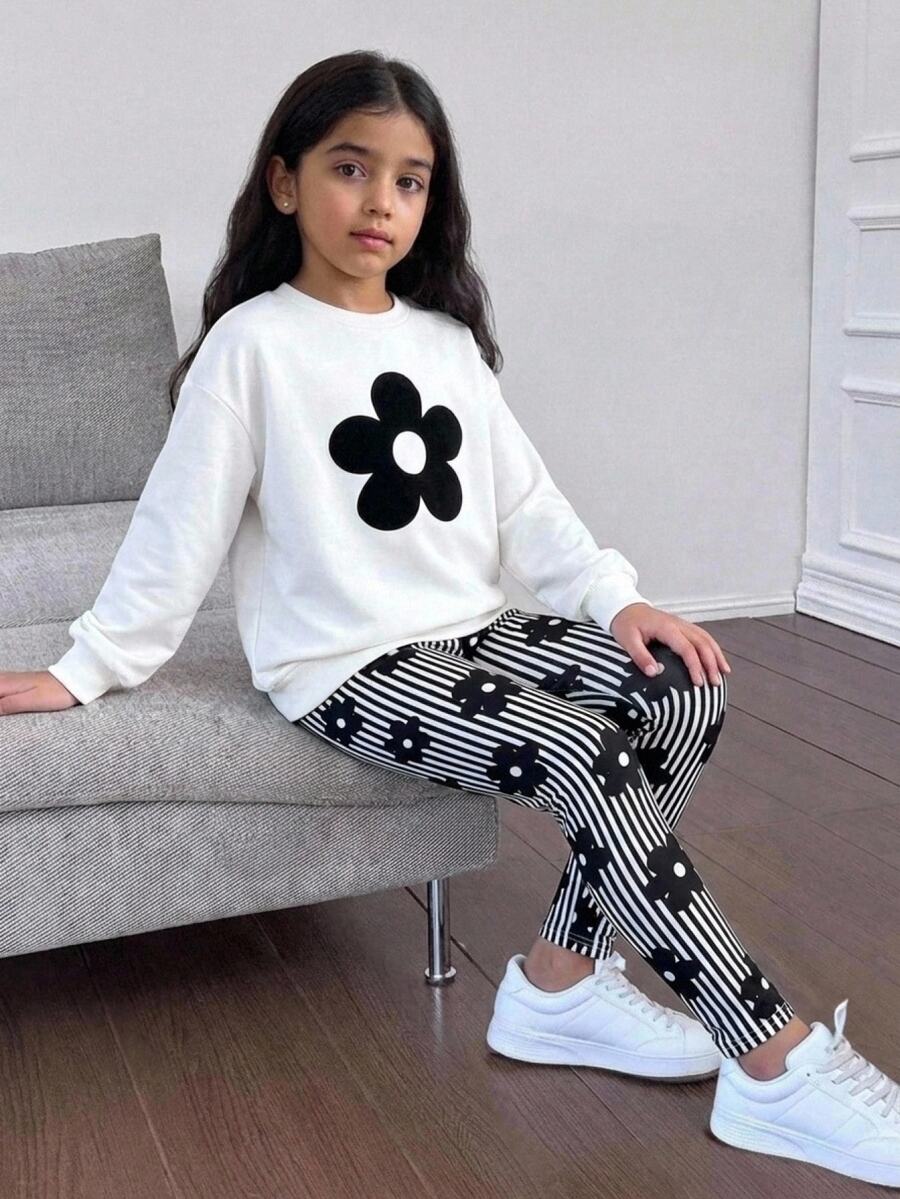 SHEIN Tween Girl Knitted Solid Color Floral Pattern Crew Neck Loose Casual Sweatshirt And Long Pants 2-Piece Set - Multicolor - View 1