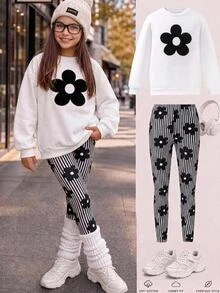 SHEIN Tween Girl Knitted Solid Color Floral Pattern Crew Neck Loose Casual Sweatshirt And Long Pants 2-Piece Set - Multicolor - View 2