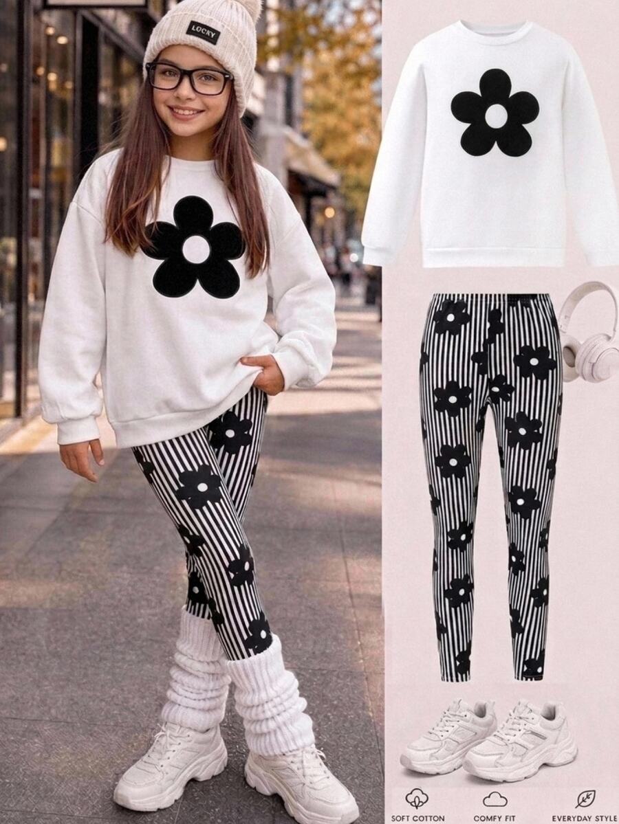 SHEIN Tween Girl Knitted Solid Color Floral Pattern Crew Neck Loose Casual Sweatshirt And Long Pants 2-Piece Set - Multicolor - View 1