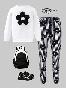 SHEIN Tween Girl Knitted Solid Color Floral Pattern Crew Neck Loose Casual Sweatshirt And Long Pants 2-Piece Set - Multicolor - View 4