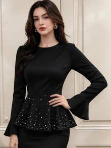 Graceveil Women's Black Round Neck Long Sleeve Top With Ruffle Hem, Pearl Embellishments And Back Waist Belt Design, Suitable For Evening Dinner Party Night - Black - View 2