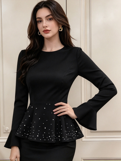 Graceveil Women's Black Round Neck Long Sleeve Top With Ruffle Hem, Pearl Embellishments And Back Waist Belt Design, Suitable For Evening Dinner Party Night