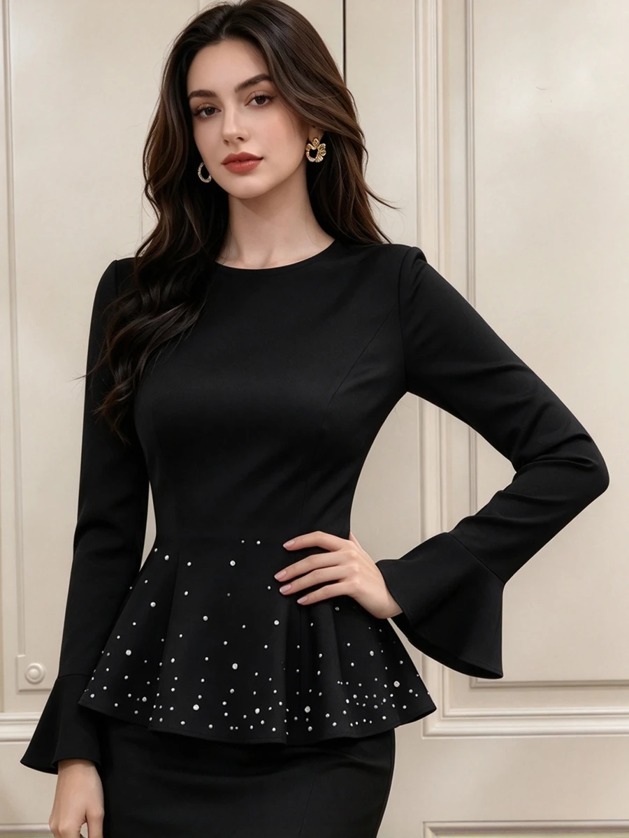 Graceveil Women's Black Round Neck Long Sleeve Top With Ruffle Hem, Pearl Embellishments And Back Waist Belt Design, Suitable For Evening Dinner Party Night