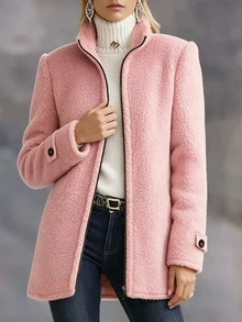 SHEIN Jaket Wanita Warna Pink Kerah Tegak Bahan Wol Domba, Resleting Berpipa, Potongan Longgar, Panjang Sedang, Mantel Bulu Tebal dan Mewah - Berwarna merah muda - View 6