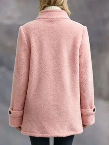 SHEIN Jaket Wanita Warna Pink Kerah Tegak Bahan Wol Domba, Resleting Berpipa, Potongan Longgar, Panjang Sedang, Mantel Bulu Tebal dan Mewah - Berwarna merah muda - View 3