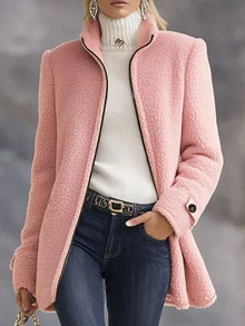SHEIN Jaket Wanita Warna Pink Kerah Tegak Bahan Wol Domba, Resleting Berpipa, Potongan Longgar, Panjang Sedang, Mantel Bulu Tebal dan Mewah - Berwarna merah muda - View 2