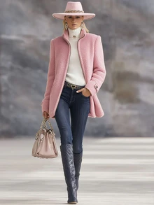 SHEIN Jaket Wanita Warna Pink Kerah Tegak Bahan Wol Domba, Resleting Berpipa, Potongan Longgar, Panjang Sedang, Mantel Bulu Tebal dan Mewah - Berwarna merah muda - View 7