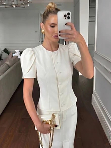 Lumalex 女款優雅法式高領羊腿袖修身米白色短版西裝式收腰襯衫上衣，適合辦公室、早午餐、秋季穿搭 - 杏色 - 查看 17