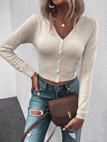 SHEIN 素色前紐扣短款開衫 - 卡其色 - 查看 7