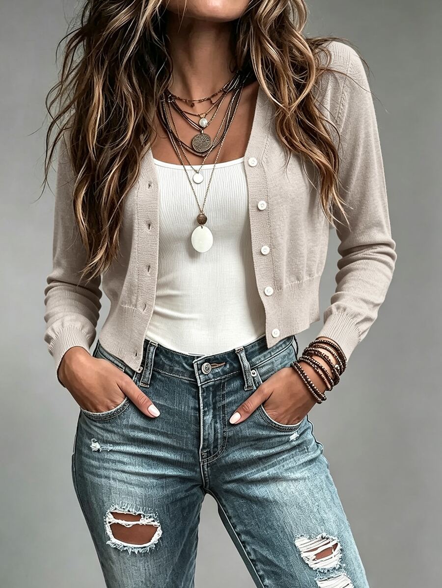 SHEIN 素色前紐扣短款開衫 - 卡其色 - 查看 1
