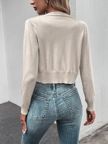 SHEIN 素色前紐扣短款開衫 - 卡其色 - 查看 2
