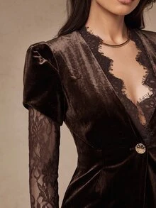 Silquee This Autumn/Winter Set Features A Velvet Blazer With Lace Detailing And Matching Trousers, Skillfully Blending Modern Fashion With Retro Street Style- - Brown - View 10